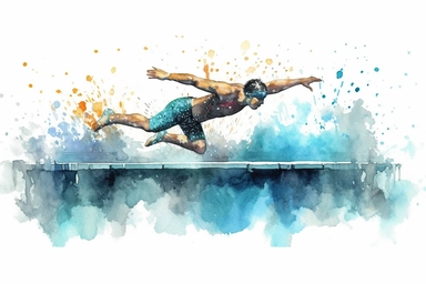 Watercolor, Create an illustration of a swimmer diving off a starting block into the pool clipart, hd, on a white background, spaced out
