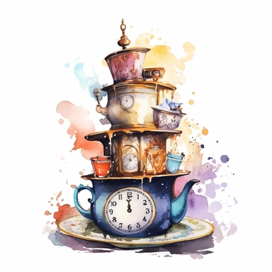 Wonderland: A cake decorated with watercolor teacups, clocks, and playing cards, watercolor steampunk style, Detailed, white background, clipart watercolour illustration