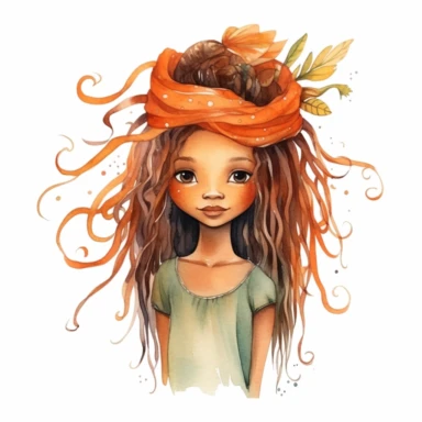 a watercolour Clipart image of the little mermaid as a cute African American girl with long orange hair in dreadlocks, her hands are delicate and style is whimsical.