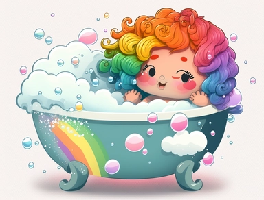 clipart image of white claw foot tub, cartoon little girl, rainbow hair, with pastel rainbow bubbles, transparent background, logo, png, high quality, 4k,