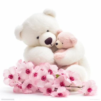 clipart of fluffy baby teddy bear sleeping in her mother's arms, cute, soft and mellow colors, cherry blossome environment, octan renderer, dept of field white background, cutout