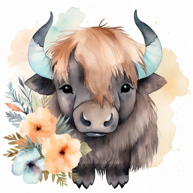 watercolour Happy Buffalo Cartoon Clipart, Cute, no text