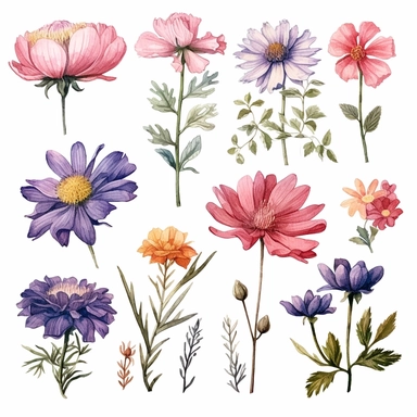 Watercolor style, Boho Birth Month Flowers, variations, hyper realistic detailed clipart, on a white background