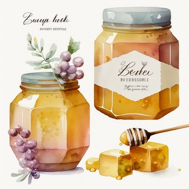 watercolor bee comb and honey jar set of 2 clipart, in the style of collage-like elements, cartoonish style, paul wonner