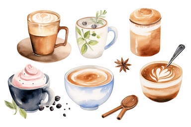 minimalistic clipart set five watercolor clipart, coffee,