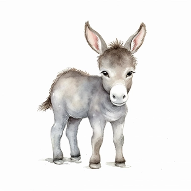 a colorful baby donkey with kind eyes clipart with watercolor illustration,full body shot,8k,etsy style, white background