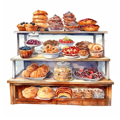 watercolor detailed illustration of A counter with freshly baked pastries and desserts in a grocery store, clipart, white background
