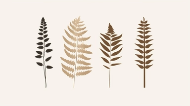 A collection of three stylized, minimalist botanical SVG vector icons, featuring a fern frond, a palm leaf, and a succulent, each with a bold, clean outline and a limited color palette of earthy greens and browns, ideal for use in nature-themed design projects, apps, and digital platforms, providing a modern and fresh take on classic botanical clipart