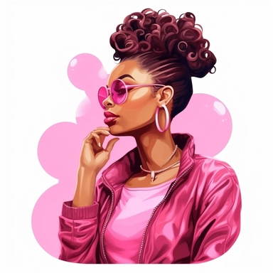 beautiful slassy african american woman wearing pink sunglasses pink jacket hoop earrings hair in a messy bun baby hair blowing a pink gum bubble arms folded she has one hand holding her face with one eyebrow raised clipart vector shiny illustration on a white background