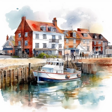 beautiful british seaside Harbor, clipart, isolated on white background, watercolor, high detail, unique, intricate detail, hand-painted