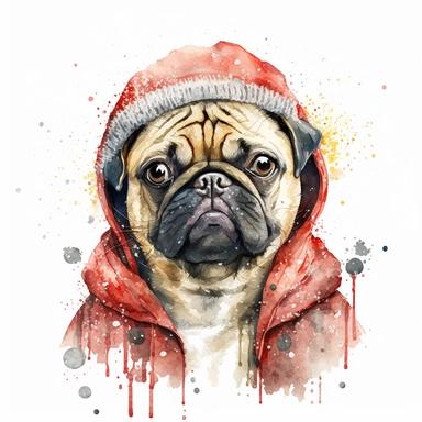 watercolor cute style, cute surprised pug in christmas winter coat, christmas head, smiles, cute, pug in red ears, it's snowing, white background, clipart