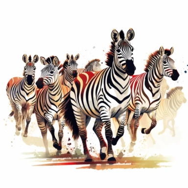group of cute zebras, running freely in the open plains, their striped coats blending harmoniously, bold colors, clipart, on a white background