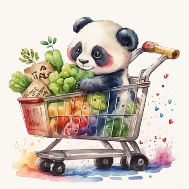 Cute and Happy baby Panda with a shopping cart and groceries, Clipart. watercolor style, white background