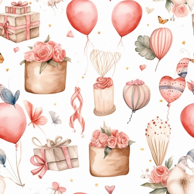Adult collection on white with margins of beautiful birthday icon birthday cake, set of balloons, hearts, flowers, presents, watercolor, vector, clipart, elaborate, ultra - detailed, soft colors, rose gold and pink high definition, UHD