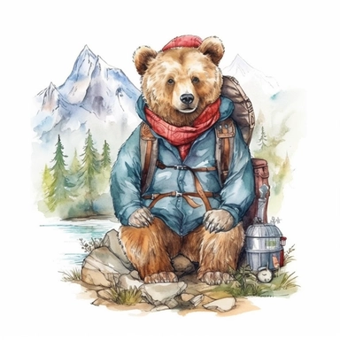 Wanderlust bear, watercolor hand draw Illustration clipart, 4K, extremely detailed