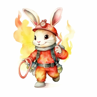Create a courageous watercolor clipart image with a white background, portraying a cute cartoon rabbit firefighter with a fire extinguishe