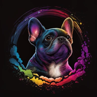 T shirt design, cute French bulldog vector clipart, colorful, circular design, love heart border, color pen and ink, illustration, realistic, 8K, cinematic, atmospheric, epic composition, pastel colors, natural lighting, black background
