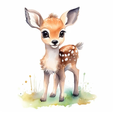 Develop a caricature watercolor-style clipart of a lovable baby deer. The deer's distinguishing features are its oversized, expressive eyes and a disproportionately large head that adds to its charm. The fur is a smooth blend of light brown with specks of white dotting its back. The caricature style emphasizes its youthful innocence and enhances its appealing qualities. The baby deer's eyes, full of wonder and playfulness, are the focal point of this clipart, large and round, surrounded by long,
