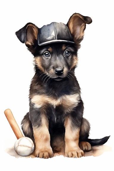 cute baby german shepherd baseball player, unique, clipart, adorable, watercolor, realistic, 8k, high quality, no background