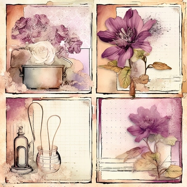 a page of watercolor flowers and street light card collections, set of 4 cliparts, in the style of steampunk-inspired designs, light magenta and beige, great contrast, altered and substituted canvases, art arrangement, photographic source, matte, insanely detailed and sharp, some splash with alcohol ink, nouveau réalisme