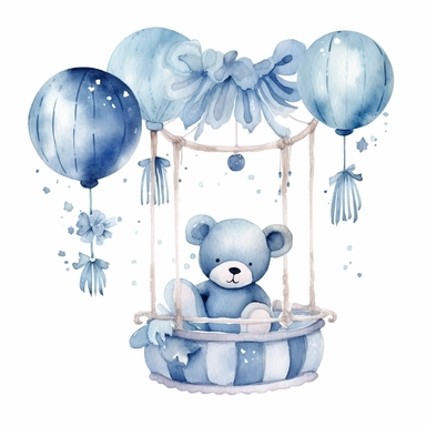 cute watercolor newborn soft blue baby Crib Mobile, Toy Crib Hanging Toys, watercolor effect, isolated white background, babyshower clipart, soft blue tones
