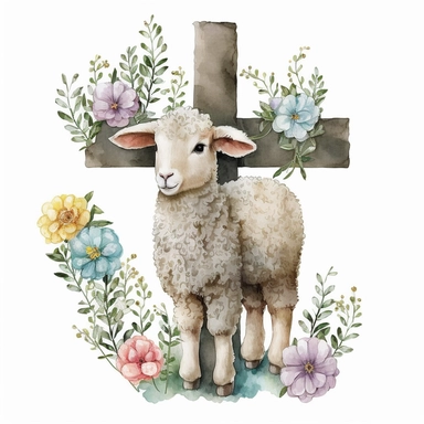 watercolor Easter cross, cute lamb with two ears and four legs, flowers, Easter element, clipart, on white background