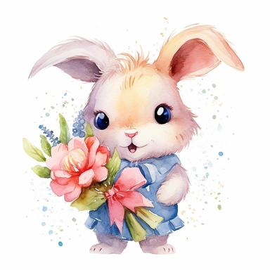 Watercolor bunny holding bouquet of wild flowers clipart, childlike innocence and charm, big and adorable eyes, cute and charming expression, funny and floppy ears, rosy cheeks, shy bunny, foreboding colors, valentines day themed, white background