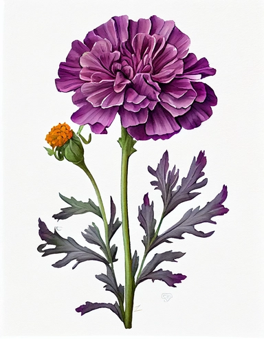 detailed vibrant watercolor class purple marigold with stem and leaves, isolated on white background, realistic, clipart