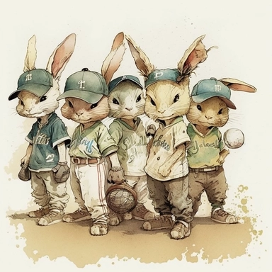 fantastic watercolor in the style of Jean-Baptiste Monge and skottie young and Akihiko Yoshida of 9 bunnies as baseball players in matching uniforms in vintage team portrait, happy, extremely exaggerated character features, muted colors, cameo clipart, splotchy background