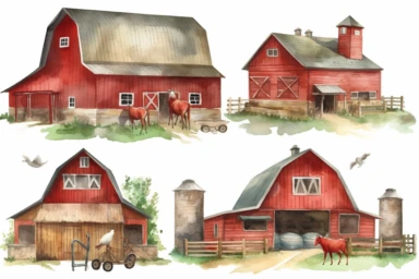 Watercolor barns clipart, farm style, red barn house, horse, tractor, windmill, wood gate illustrations, wedding invitation diy.