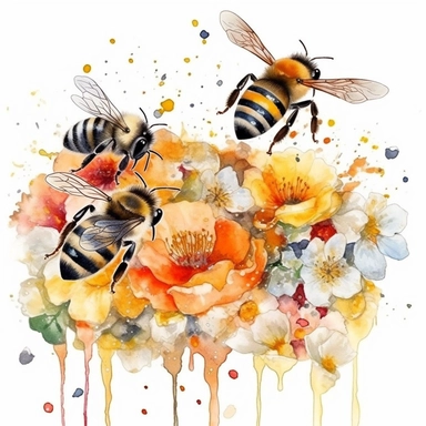 Watercolor Honeybee on a field full of flowers. Clipart Bundle.Everything is full of colourful flowers with green,red,yellow.Summer Clipart. Watercolor flower digital Graphics. Honey Bees, Honey Jar, Honey Drips.watercolor honey bee Clipart. Spring Garden honey dripping from honeycomb. Fantasy,white background. Black and white ink. solution HD : : ultrarealistic,Leica M6 camera with a Leica 50mm f/2 Summicron lens Fujifilm Pro 400H, set the ISO to 400, shutter speed to 1/125, and aperture to f/2