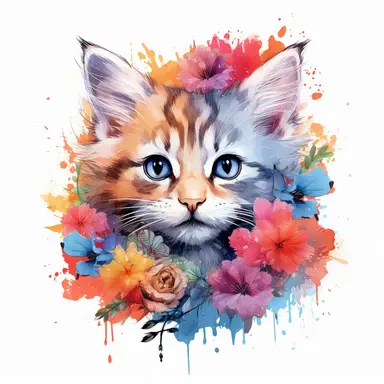 Beautiful colorful kitten on flowers, summer vibes, hand drawing digital art, clean design, sublimation, colorful, watercolor style, white background, 4K, extremely detailed, clipart