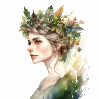 watercolour clipart of beautiful woodland elf, hair tucked behind pointy ears, detailed character illustrations, fantasy illustration, close - up, multilayered realism, goblincore, delicate flowers, forest greenery, enchanted, pretty, majestic, magical, detailed, face only, UHD, 8K, 3D, solid white background