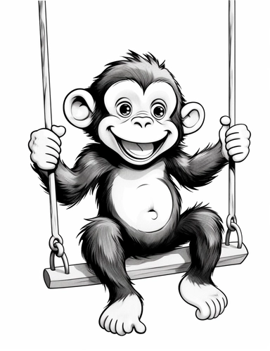 clipart friendly cartoon chimp swinging, in the style of Pierre-Auguste Renior black and white child's coloring book, black and white smooth thick lines, solid white background, no background