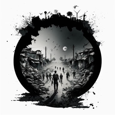 Creative graphic design, design, A group of soldiers with an M4 weapon, upper drone view, a tired faces, Walking in an open area in the middle of a refugee camp, lots of pipe bombs scattered in the area, full moon black and white, wrecked streets, dead body, explosions in the background, a war zone, scattered, on a refugee camp, war, dead people, dark sky, no hope, sepia colors, black and white, dark, deep pain, people in tremendous suffering, EPIC, Dark collage, clipart, graphic, illustrations,