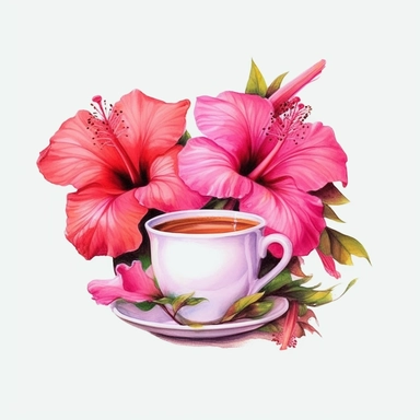 beautiful pink flowers, morning, beach, coffee, highly detailed, highly realistic, highly beautiful, highly talented, watercolor, white background, Sublimation Clipart,hyper realistic, intricate detail, illustration style,high solution,on the white background