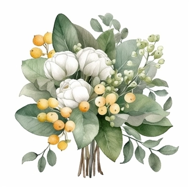Autumn green Pumpkin, Fall Flower Bouquet, Green Leaves, Gray Eucalyptus Leaves, White Fruits, Watercolor, Clipart, Illustration, French Style, White Background