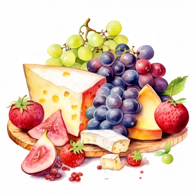 watercolor fresh fruit , cheese, summery charcuterie board, clip art , hd, white background, spaced out, details--ar 3:2