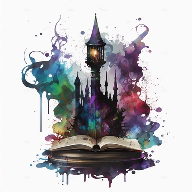 Many Gothic style Magical Big Wizard Book with watercolor effect,victorian style candlestick,fantasy scene, suitable for digital clipart,dark colours,white background