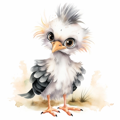 watercolour Happy Baby Secretary Bird Cartoon Clipart, Cute, no text