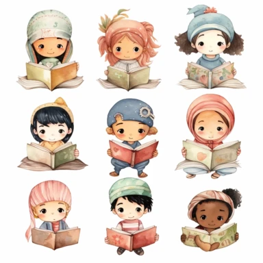 Many different nationality Cute little children reading a book, folk art, watercolor, clipart elements, kawaii, white background