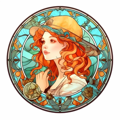 Vintage Cute Beautiful Round Stained Glass girl Sublimation Clipart, Cartoon, hyper realistic, intricate detail, illustration style, high solution, on the white background