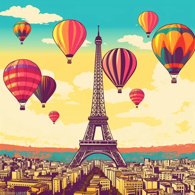 paris eiffel tower clip art, hot air balloons and paris city in background, artwork, vibrant colors, sharp image