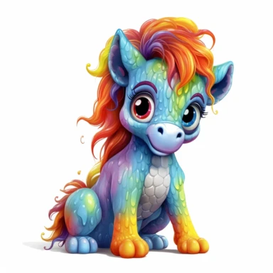 Cute Beautiful Happy Face Rainbow Baby Horse is sitting full body Sublimation Clipart ,Cartoon,hyper realistic, intricate detail, illustration style,high solution,on the white background
