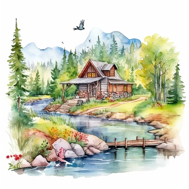 watercolor clipart painting of a Colorado mountain landscape, with evergreen pine trees, pinecones and sage green trees, with some yellow aspen trees and white birch trees, log cabin in the wood with smoke coming out of the chimney. there is a little bridge over the blue and green stream with rocks and lily pads in the babbling brook, a red cardinal and some hummingbirds, butterfly and dragonfly, a dusk sky with a moon and a few stars, hd, magical and whimsical illustration with a little gold gl