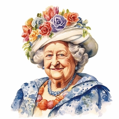 A cheerful portrait of the Queen Mother, who was known for her warm personality and enduring public popularity, Clipart, watercolor, white background, intricate detail.