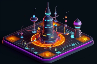 isometric game sprite, clipart, futuristic launch pad concept, gaming asset, sci-fi, fun, creative, cartoon render, hyper-detailed, bright colors, black background, inspired by one random famous product designer, inspired by one random famous sci-fi movie, inspired by one famous architect, inspired by one random famous artist, inspired by one famous architect