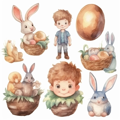 Watercolor easter eggs, illustrations clipart set, simple, soft colors, cartoon elements, different variants, easter elements, cute little boy, easter eggs in basket, separate elements with a margin
