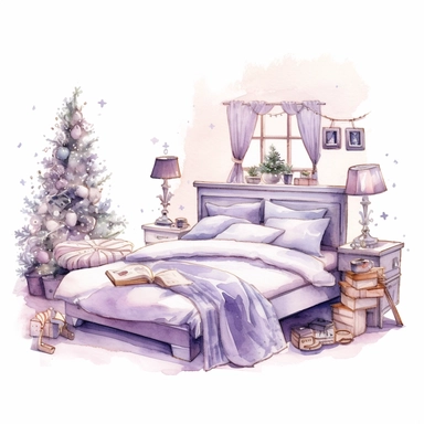 watercolor clipart of a cute vintage bedroom, sparkles, cosy winter wonderland vibes, isolated on white background