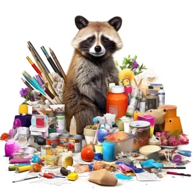 clipart trash panda surrounded by craft supplies, such as glue guns paint bottles paint sprays cricket wood paper flowers artificial flowers buttons bottles of glue, toilet paper rolls things like that to visually represent the idea of having a lot of potential projects in mind. in the style of hyper-realistic animal illustrations, prairiecore, colorful arrangements, historical illustrations, energy-filled illustrations,white background v 5.1